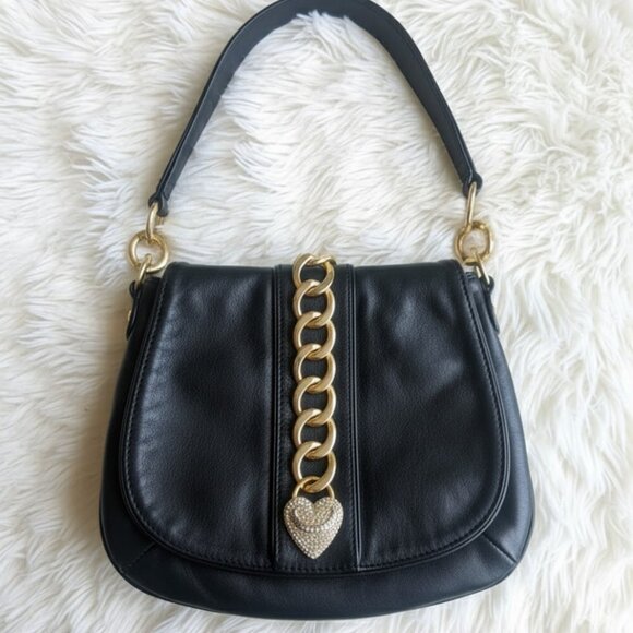 Y2K VINTAGE JUICY COUTURE Black purse handbag LEATHER PAVE HEART RHINESTONE